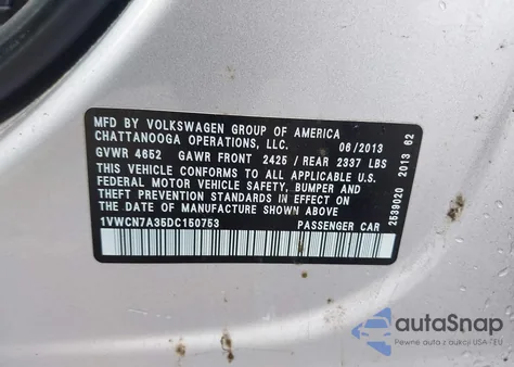 2013 Volkswagen Passat 2.0L Tdi Sel Premium z USA, uszkodzony, nr VIN 1VWCN7A35DC150753